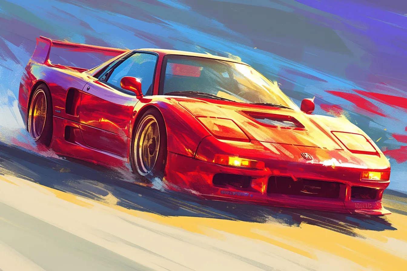 疾走感あふれる赤いスポーツ車の絵｜スピード感のある筆致とダイナミックな構図が臨場感を伝えます。ビジネス写真素材として、モータースポーツやエネルギッシュなテーマに適した車の絵です。