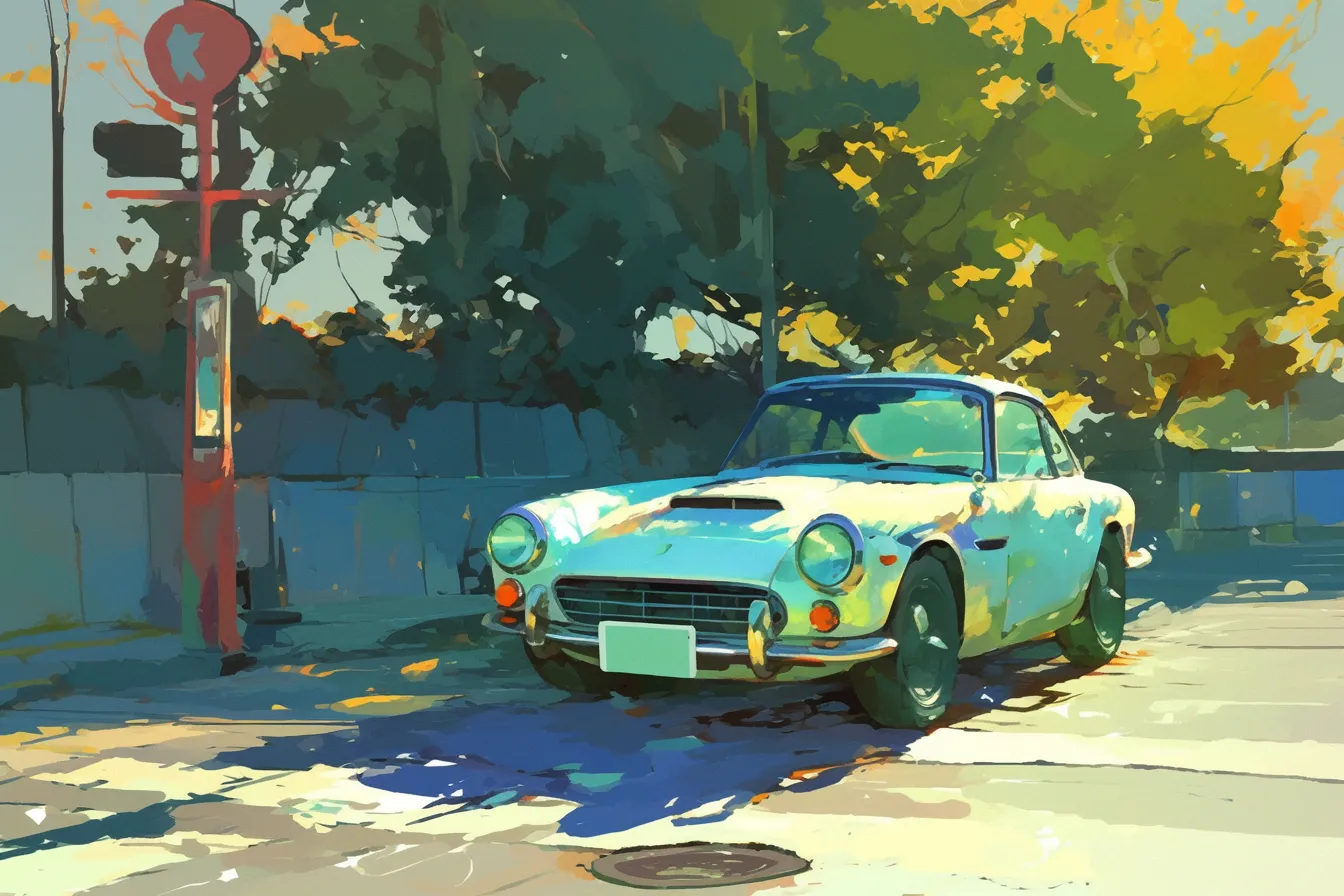 街角に停まるクラシック車の絵｜落ち着いた色彩と柔らかな筆タッチで懐かしい雰囲気を演出します。ビジネス写真素材として、レトロ感や歴史を表現する広告や装飾に適用できる車の絵です。