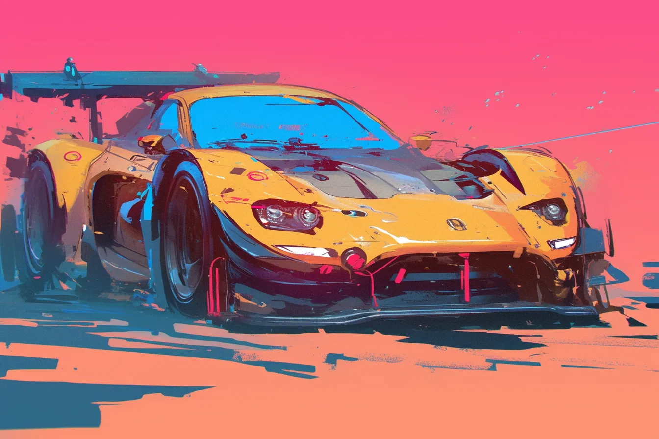 未来的なレーシングカーの車の絵｜鮮やかなカラーリングと力強いデザインが近未来的な印象を与えます。ビジネス写真素材として、テクノロジーや革新を強調するコンテンツに活用できる車の絵です。