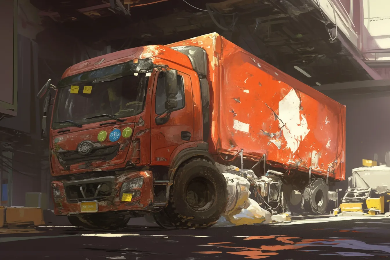 街中に停まる赤いトラックの絵｜使い込まれた車体がリアルな存在感を放ち、生活や産業の一部を伝えます。ビジネス写真素材として、都市の物流や現場感を打ち出す場面に適したトラックの絵です。