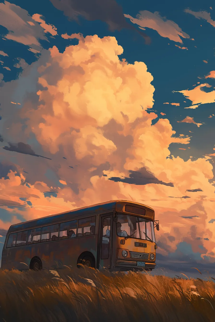 夕暮れの草原を走るバスの絵｜夕焼け雲と草原を背景に走る姿がノスタルジックに描かれています。ビジネス写真素材として、旅情や自然との調和を表現する広告に適したバスの絵です。
