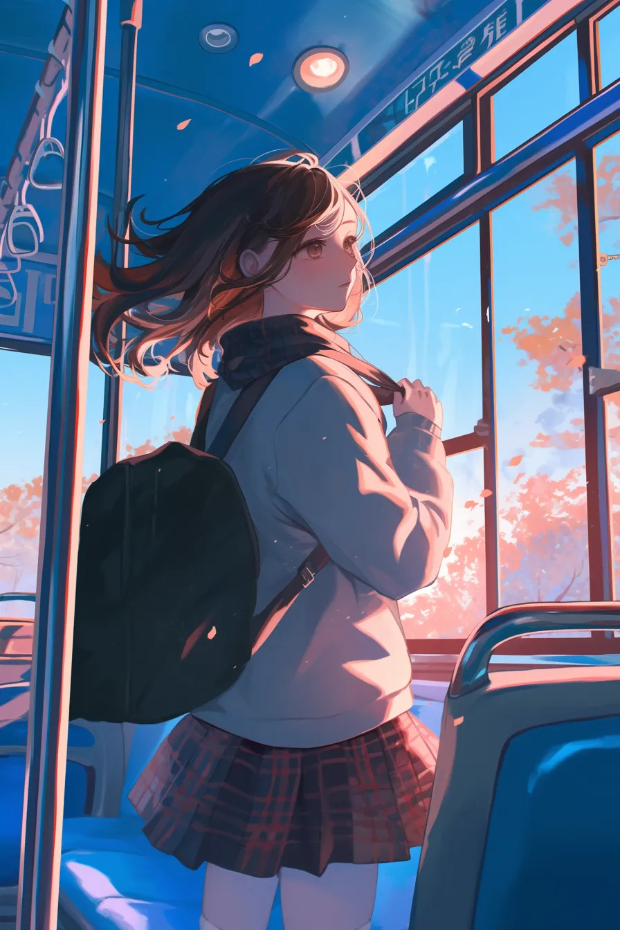 車内で佇む少女が印象的なバスの絵｜光が差し込む車内で少女が窓外を見つめる様子が叙情的に描かれています。ビジネス写真素材として、青春や日常の情景を伝える媒体に最適なバスの絵です。