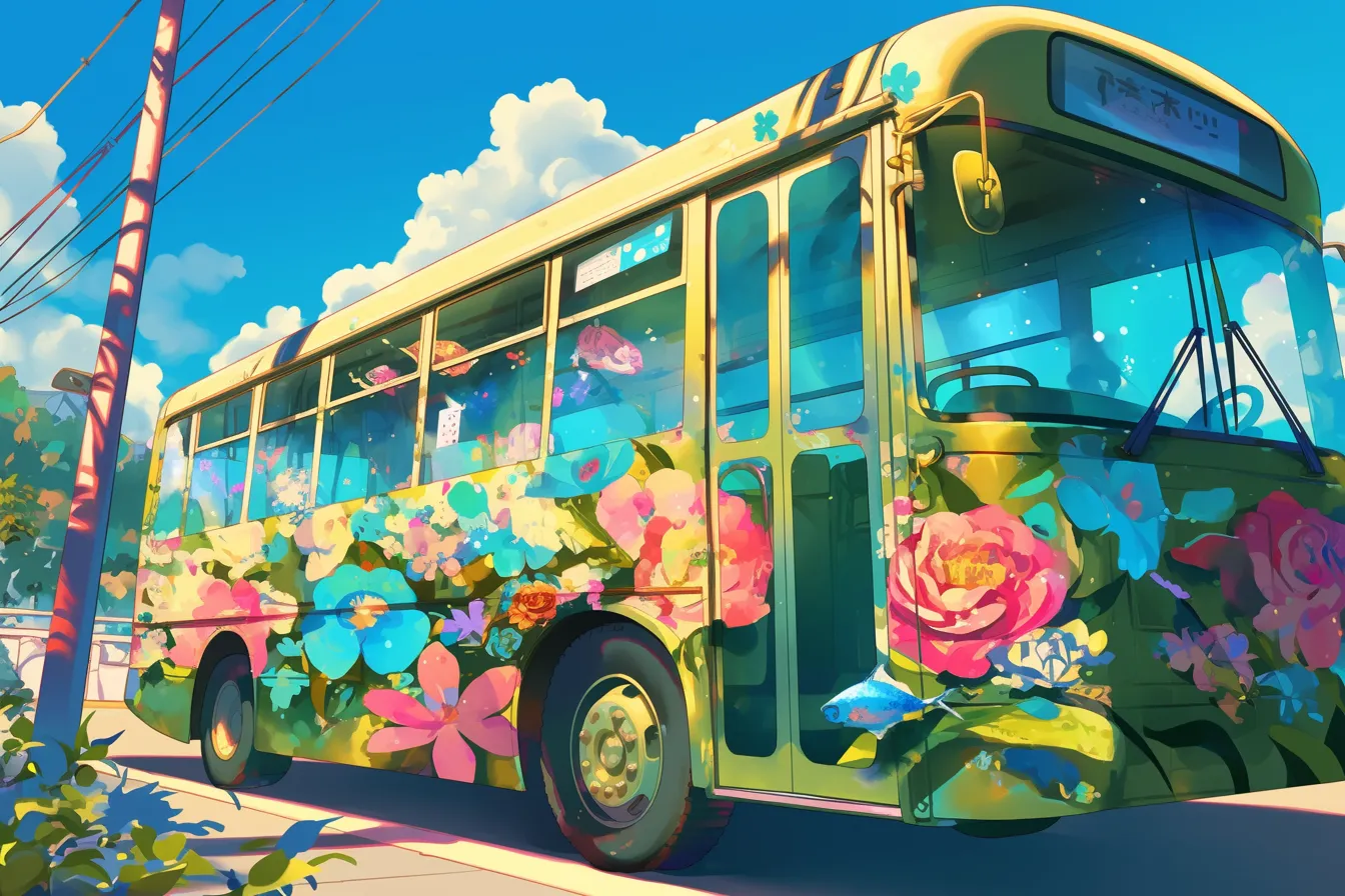 花で彩られた華やかなバスの絵｜車体全体に花柄が施されたデザインが視覚的に強い印象を与えます。ビジネス写真素材として、華やかさや地域イベントの演出に活用できるバスの絵です。