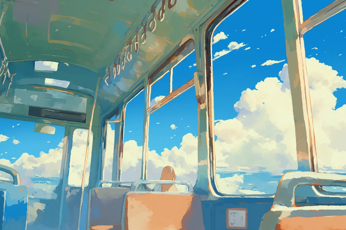 空と雲を映す車内のバスの絵｜広い窓から見える青空と雲が開放感を強調しています。ビジネス写真素材として、リラックスや移動の快適さを伝えるデザインに向いたバスの絵です。