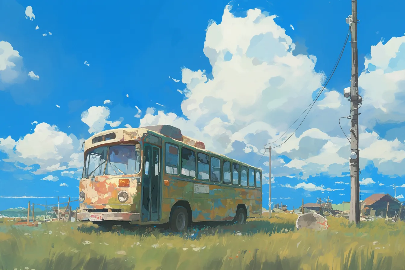 草原に佇む古びたバスの絵｜使い込まれた車体と澄んだ空の対比が郷愁を誘います。ビジネス写真素材として、歴史や物語性を感じさせる広告や装飾に活用しやすいバスの絵です。