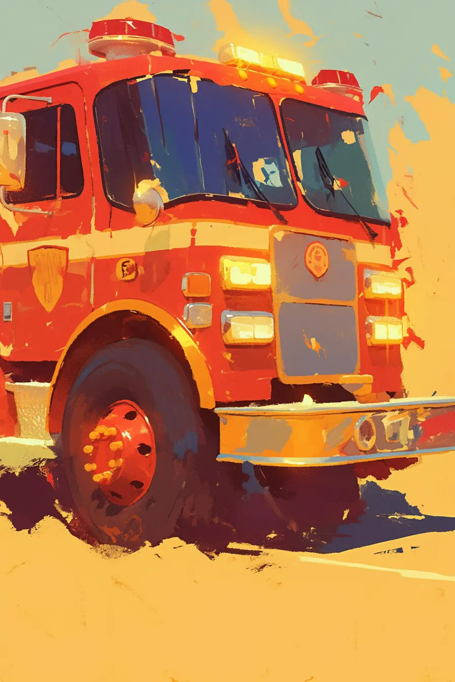 力強く描かれた赤い消防車の絵｜鮮烈な赤と光のコントラストが緊迫感を演出しています。ビジネス写真素材として、防災関連や緊急時対応を表現する広告や記事に適した消防車の絵です。