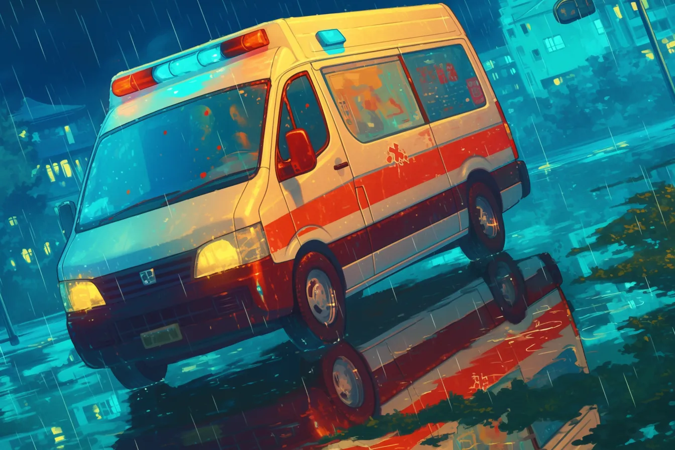 雨の街に輝く救急車の絵｜濡れた路面に映る光とボディが緊迫感を生み出しています。ビジネス写真素材として、夜間対応や緊急性を強調するメディア表現に効果的な救急車の絵です。