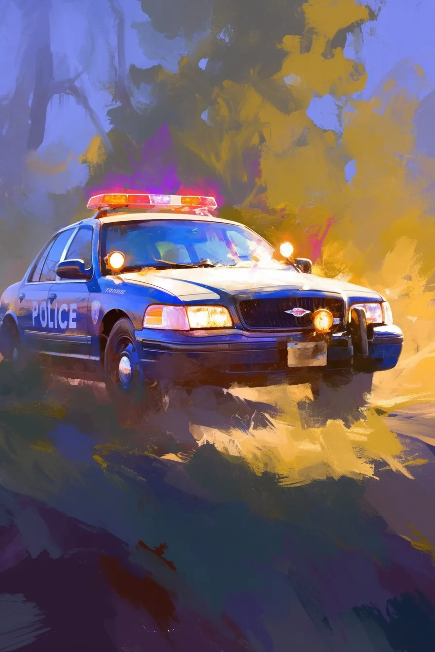 夜の街を走るパトカーの絵｜力強い筆致で描かれたこの作品は、サイレンを輝かせながら街を駆け抜けるパトカーの絵です。緊張感とダイナミックさを併せ持ち、ビジネス写真素材として広告や記事に説得力を与えます。