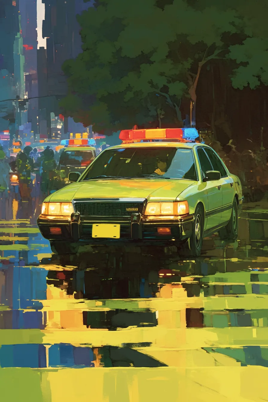 夕暮れの現場に向かうパトカーの絵｜印象的な光と影のコントラストで描かれたパトカーの絵は、迅速な対応や安全の象徴を表現しています。リアルとアート性を融合させた仕上がりで、報道やプレゼン資料に適しています。