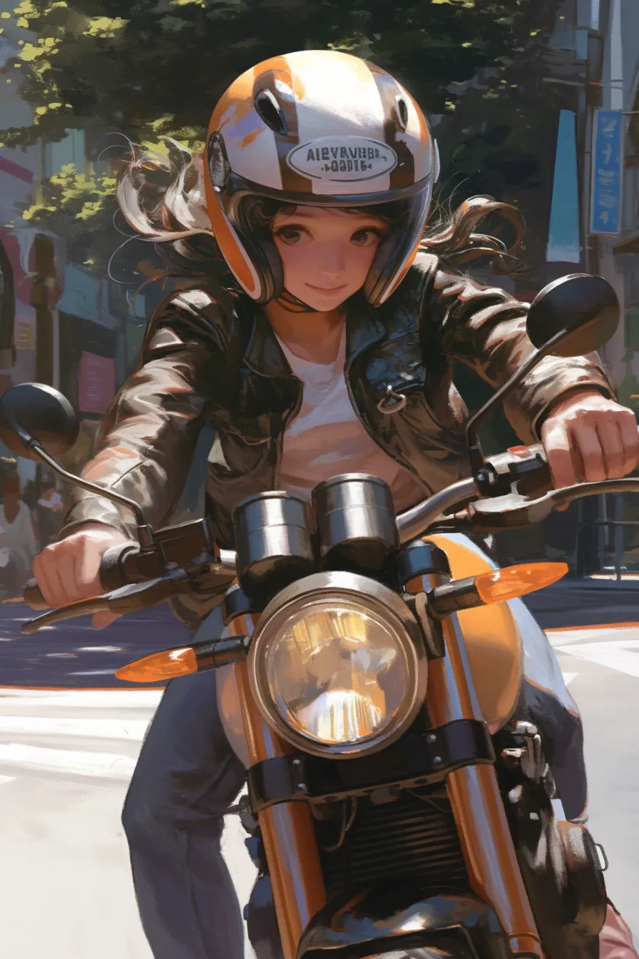 街中を駆け抜ける女性とバイクの絵｜ヘルメットとレザージャケットを身にまとい、都会の光景と調和した力強い筆致で描かれています。ビジネス写真素材として、若さやスピード感を訴求する広告に適したバイクの絵です。