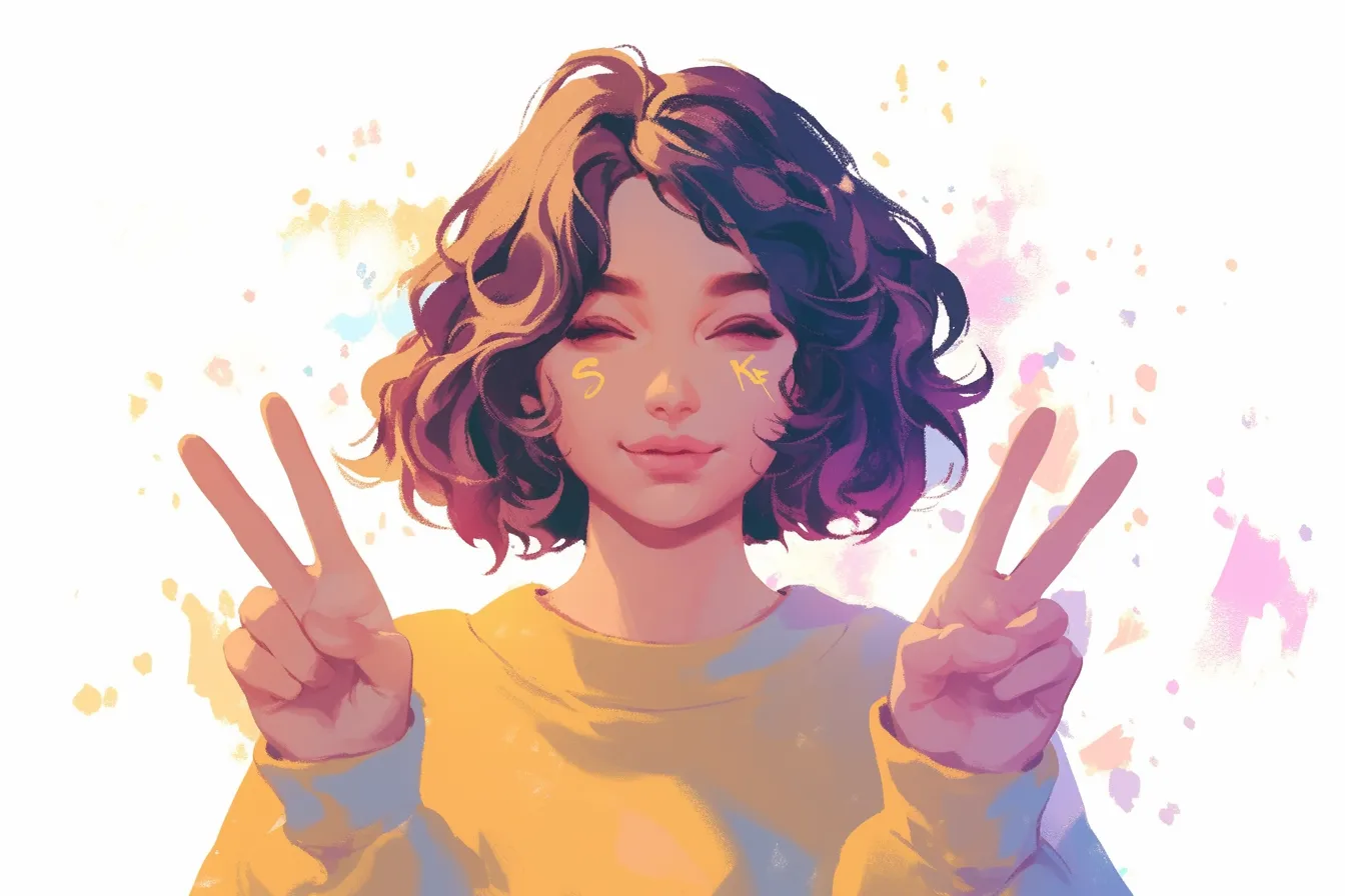 笑顔の女性が両手で示すピースの絵｜明るい表情と柔らかな色合いで描かれたピースの絵です。ポジティブで親しみやすい印象を与え、広告やSNS向けの素材に適しています。