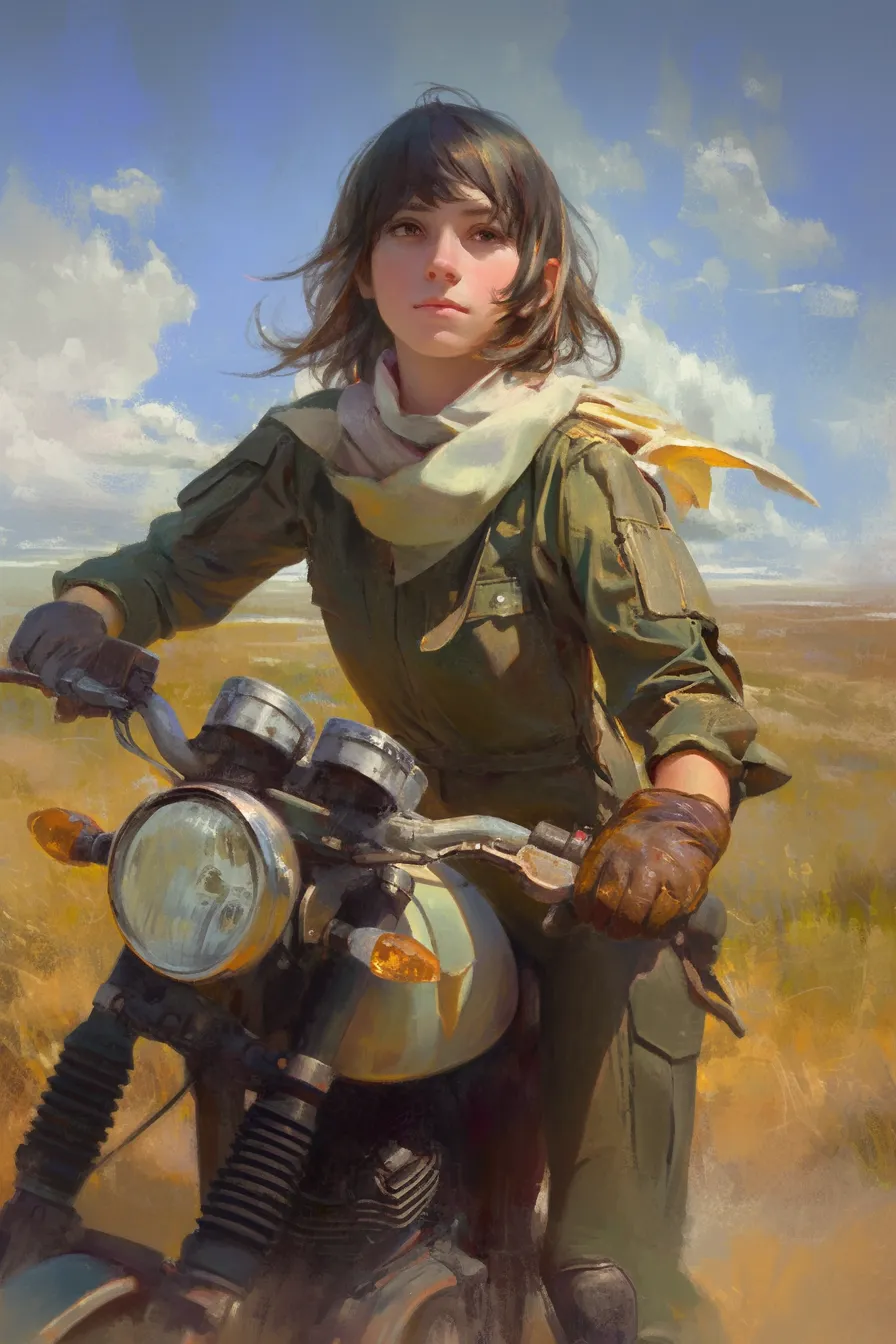 自然の中を走る女性とバイクの絵｜広い空と大地を背景に女性ライダーが描かれ、開放感と冒険心が強調されています。ビジネス写真素材として、アウトドアや旅の自由を演出する表現に向いたバイクの絵です。