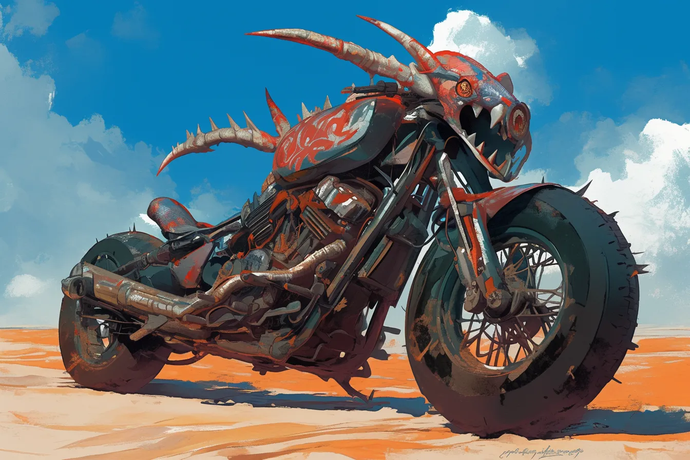個性的なカスタムデザインのバイクの絵｜独特の装飾と荒々しい質感が強烈な存在感を放ちます。ビジネス写真素材として、非日常や独創性を訴求する企画に効果的なバイクの絵です。