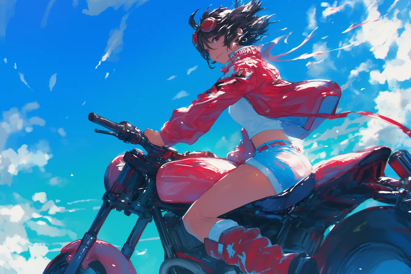 青空に映える赤いバイクと女性の絵｜明るい空と躍動感あるポーズが青春的なエネルギーを伝えます。ビジネス写真素材として、若々しさやチャレンジ精神を打ち出すデザインに適したバイクの絵です。