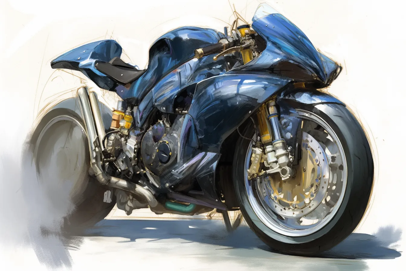 リアルに描かれたスポーツバイクの絵｜精密な描写で力強さとスピード感を表現しており、迫力のある構図が印象的です。ビジネス写真素材として、先進性やテクノロジーを強調する媒体に適したバイクの絵です。