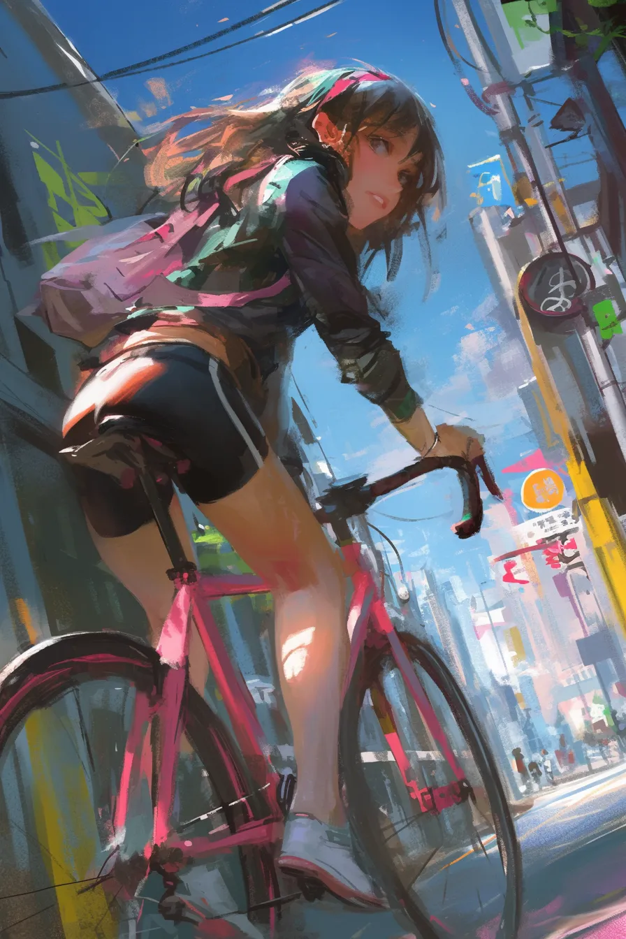 都会を走る女性と自転車の絵｜鮮やかな街並みと動きのある構図が印象的で、現代的なライフスタイルを表現しています。ビジネス写真素材として、若者文化や都市生活を訴求するデザインに活用できる自転車の絵です。