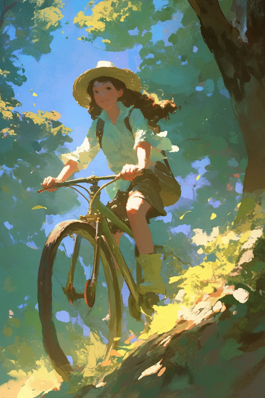 森の中を駆け抜ける女性と自転車の絵｜木漏れ日と自然の緑が調和した爽やかな情景が描かれています。ビジネス写真素材として、アウトドアや健康的な暮らしをテーマにした広告に最適な自転車の絵です。