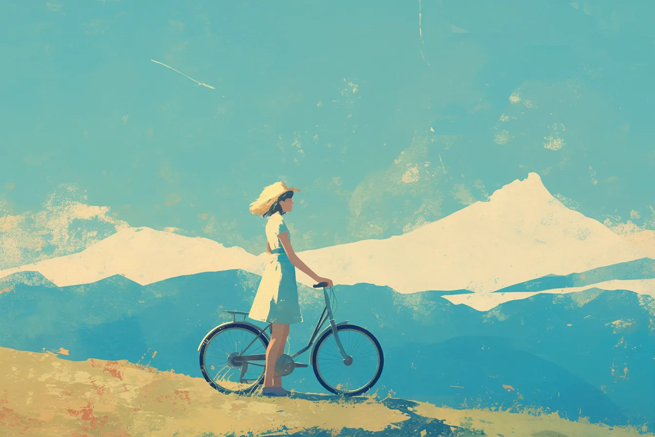 山を背景に女性と自転車の絵｜広大な自然とシンプルな人物表現が静けさを強調しています。ビジネス写真素材として、旅行やリフレッシュをテーマにした媒体に適した自転車の絵です。