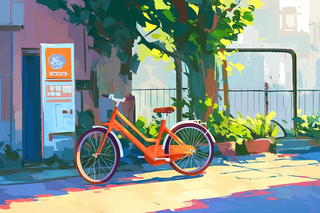 街角に佇む赤い自転車の絵｜ビビッドな配色と柔らかな光が日常のワンシーンを魅力的に演出しています。ビジネス写真素材として、街の風景や日常的な快適さを訴求できる自転車の絵です。