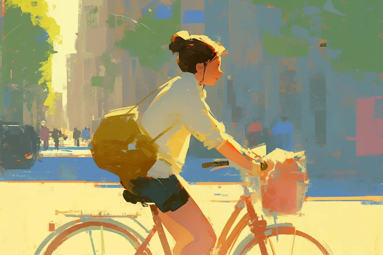 通りを走る女性と自転車の絵｜明るい逆光の効果で人物と自転車の存在感が引き立っています。ビジネス写真素材として、日常生活や通勤・通学を題材にした表現に活用できる自転車の絵です。