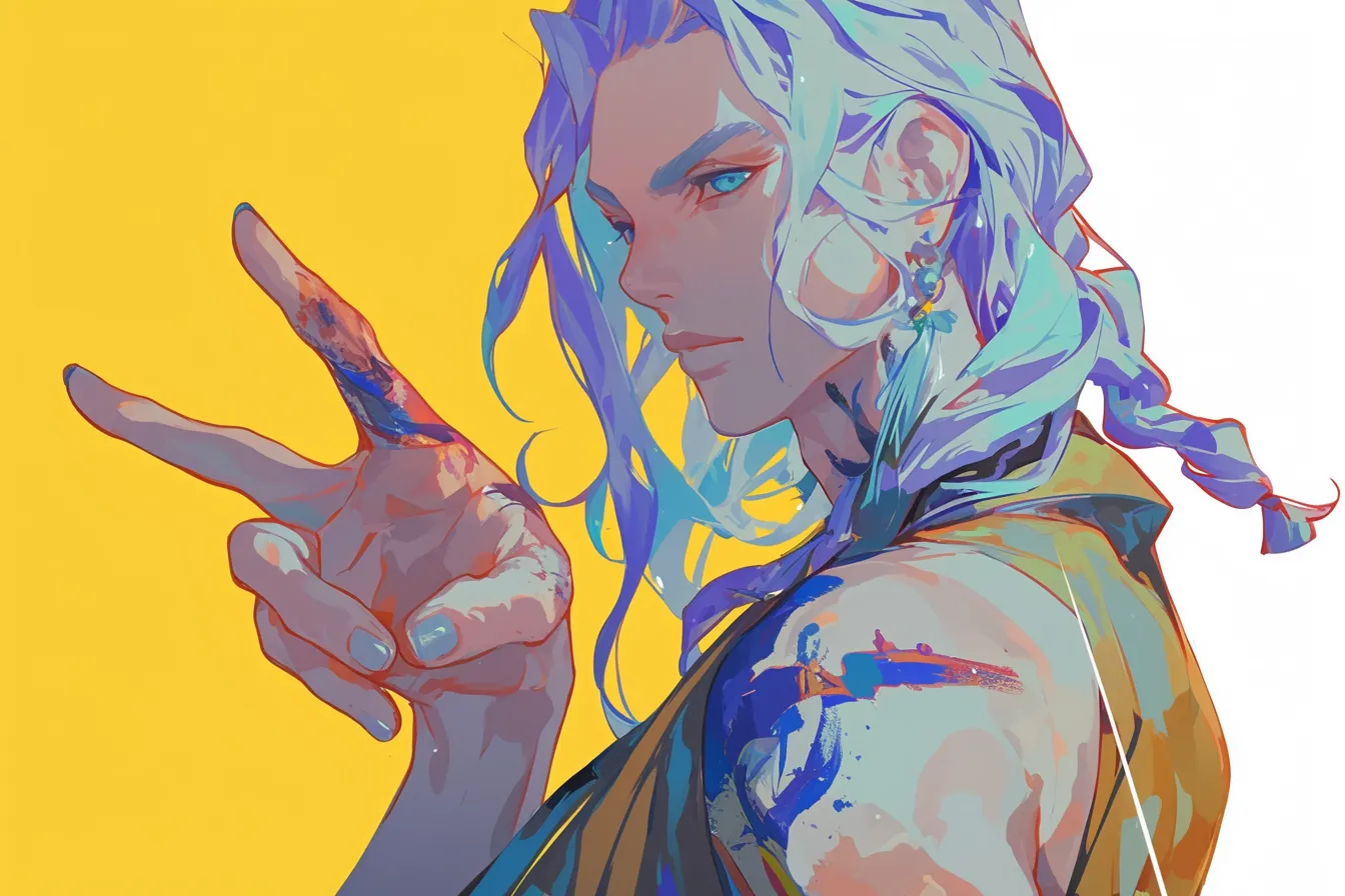 鋭い視線の男性が示すピースの絵｜力強い眼差しとダイナミックな筆致で描かれたピースの絵です。現代的でエネルギッシュな印象があり、プロモーションやブランディング素材に有効です。