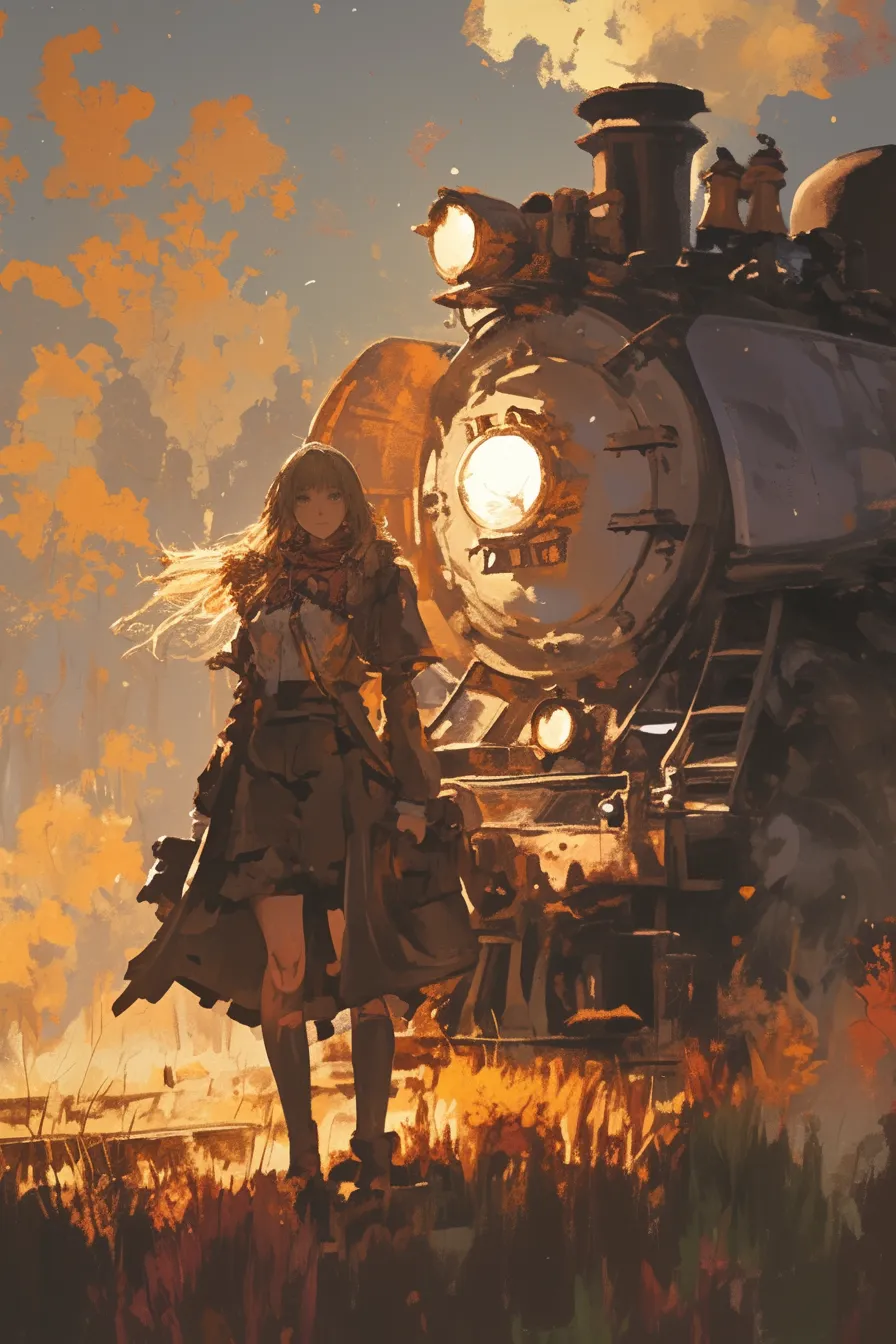女性と蒸気機関車が描かれた電車の絵｜柔らかな光とレトロな質感が調和し、郷愁と物語性を演出しています。ビジネス写真素材として、旅行や歴史を題材とした広告に適した電車の絵です。