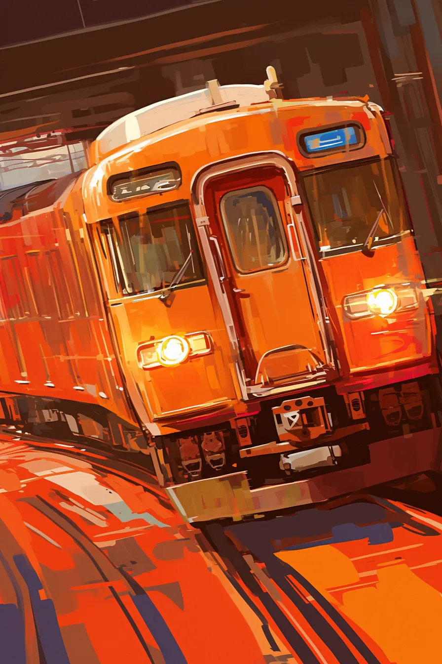 駅を走り抜ける赤い電車の絵｜力強い色彩と動きのある構図がスピード感を強調しています。ビジネス写真素材として、都市交通や鉄道関連のダイナミックな表現に役立つ電車の絵です。