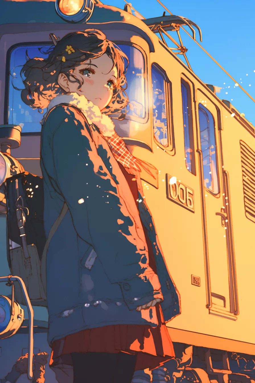 少女と青い電車が描かれた電車の絵｜鮮やかな光と陰影が人物の感情と列車の存在感を際立たせています。ビジネス写真素材として、日常と鉄道をテーマにした広告に最適な電車の絵です。