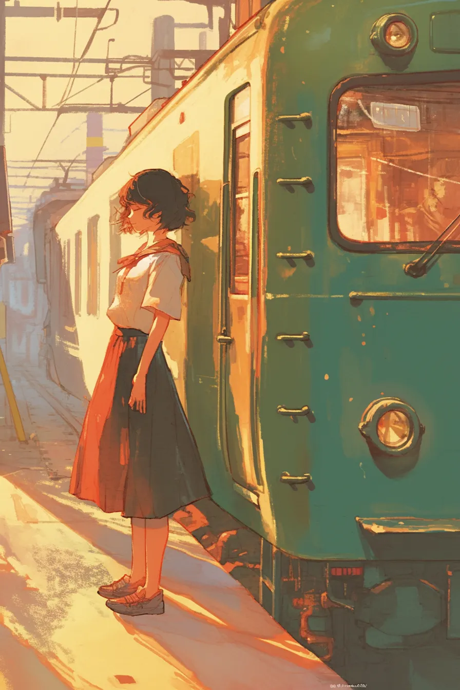 夕陽に染まるホームの電車の絵｜柔らかい夕暮れの光がノスタルジックな雰囲気を演出しています。ビジネス写真素材として、旅立ちや思い出を連想させるデザインに適した電車の絵です。