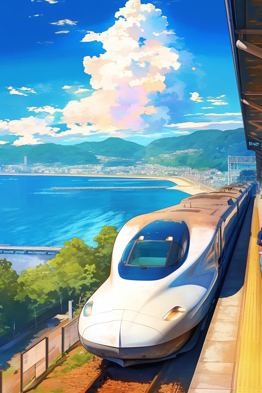 海沿いを走る白い新幹線の絵｜爽やかな青空と海を背景に白い新幹線が走る構図。明るい色彩で描かれ、開放感のある雰囲気が特徴。新幹線の絵を用いた広告や旅行関連の素材として訴求力が高い。