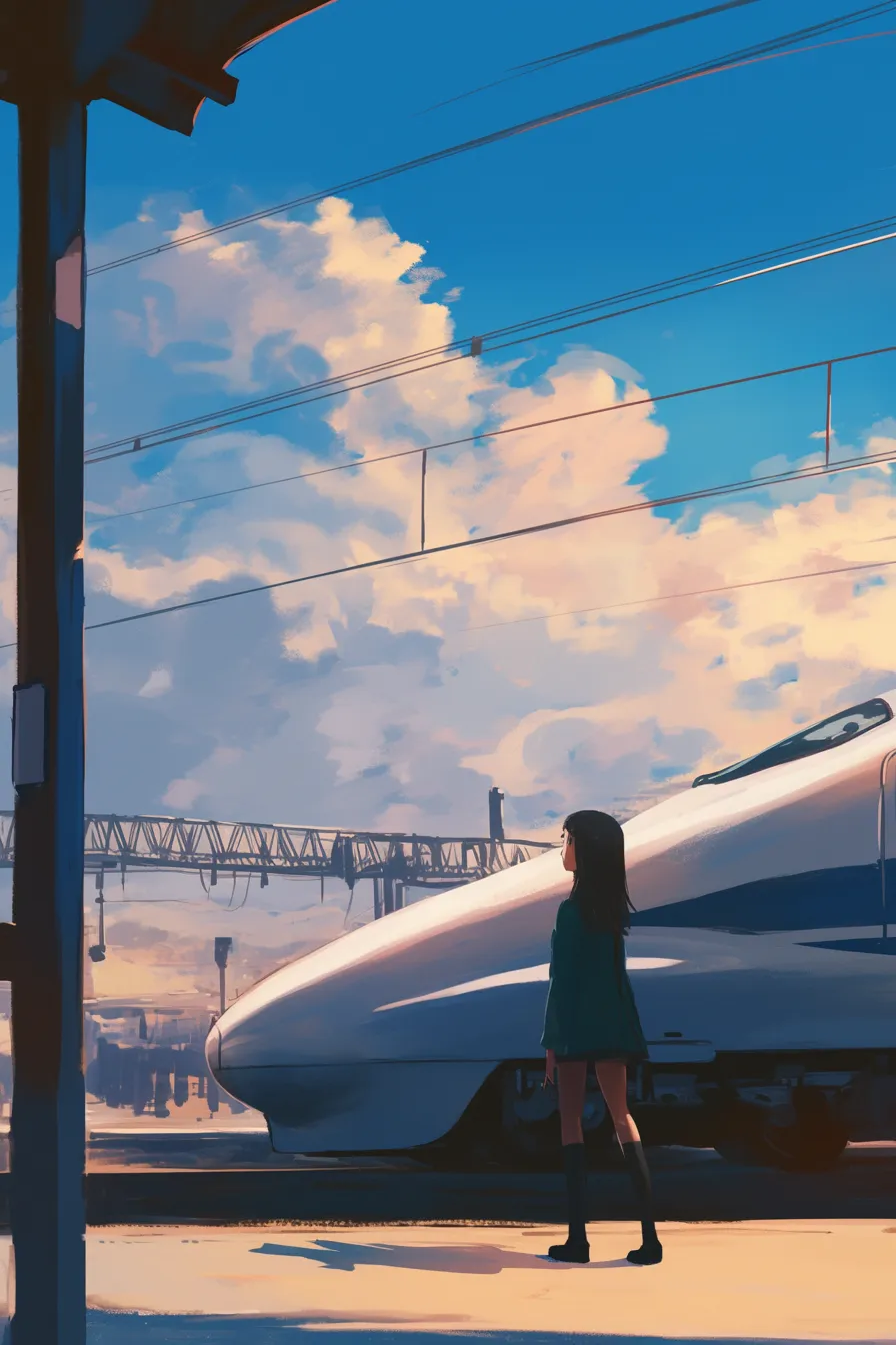 ホームに停車する白い新幹線の絵｜夕暮れの光を受けて停車中の新幹線と人影を描写。温かい色調が印象的で、日常と非日常をつなぐ雰囲気を演出。新幹線の絵を使ったビジネス素材に適する。
