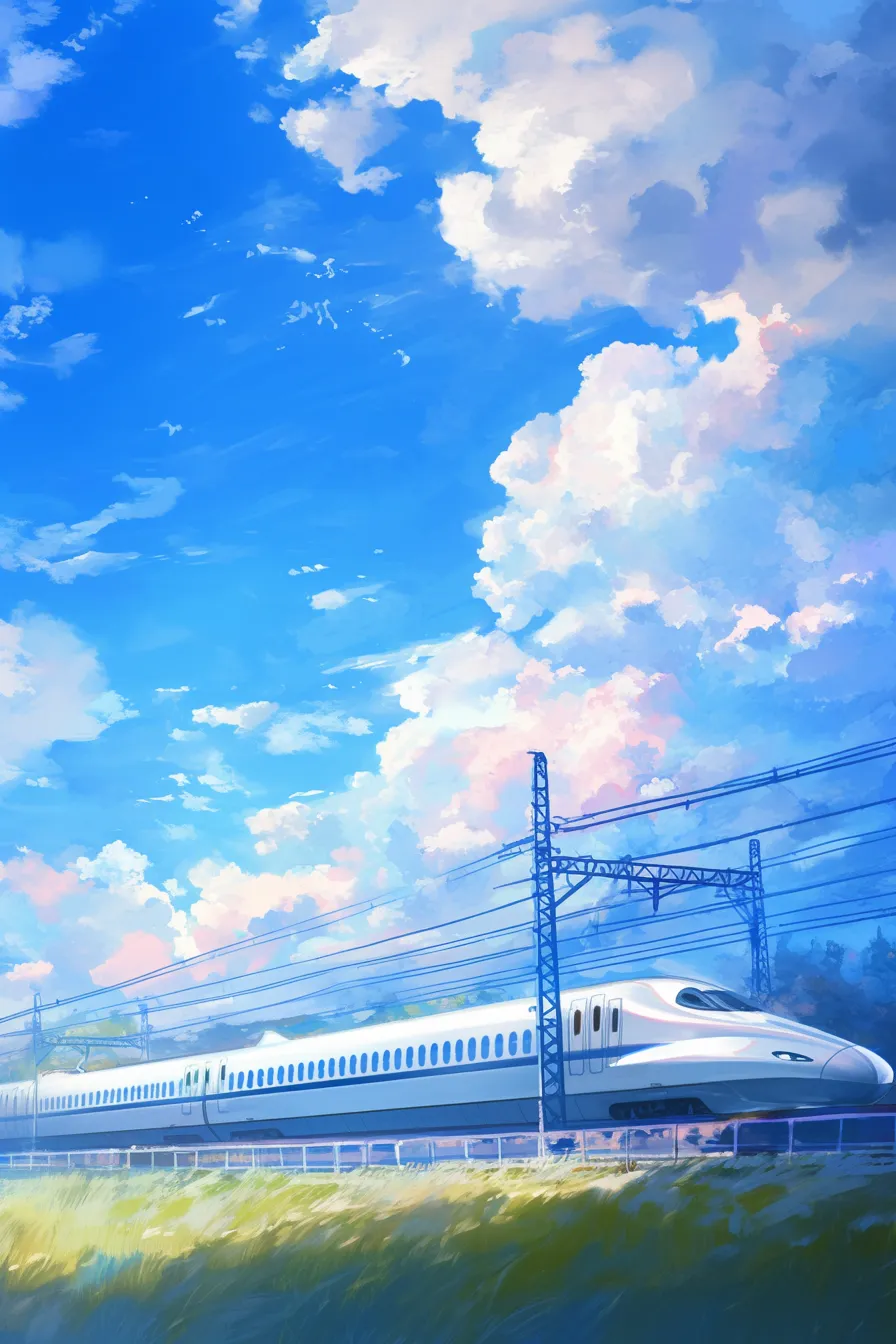 青空を背景に走る新幹線の絵｜広がる青空と雲の下を疾走する新幹線が描かれ、スピード感と爽快感が融合した構図。旅行や交通関連の訴求に新幹線の絵を活用しやすい。