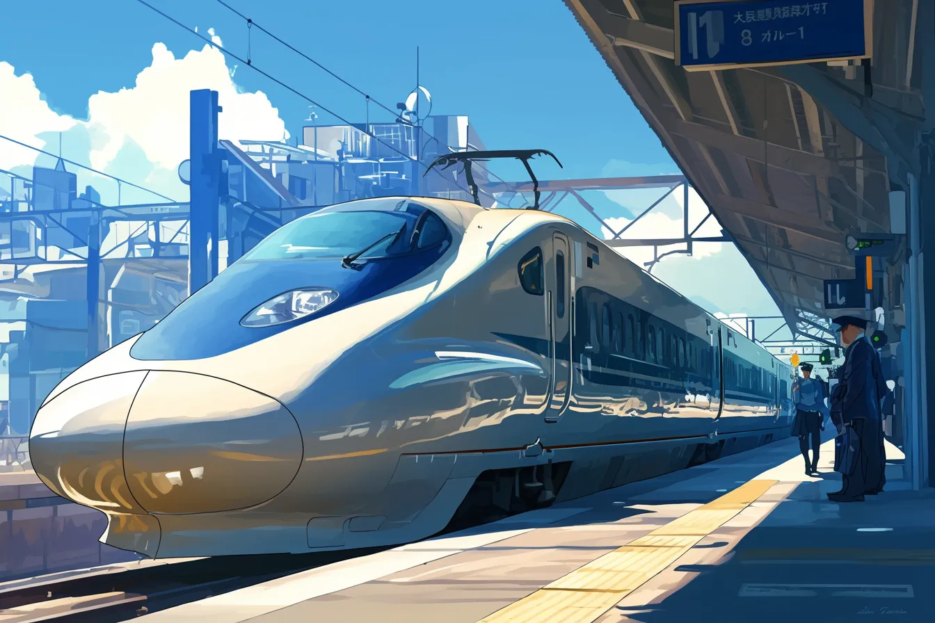 駅に停車する白い新幹線の絵｜都市的な駅構内に停まる新幹線を細密に描いたデザイン。メカニカルな印象と整然とした空気感が調和。新幹線の絵を素材としたビジネス用途に最適。