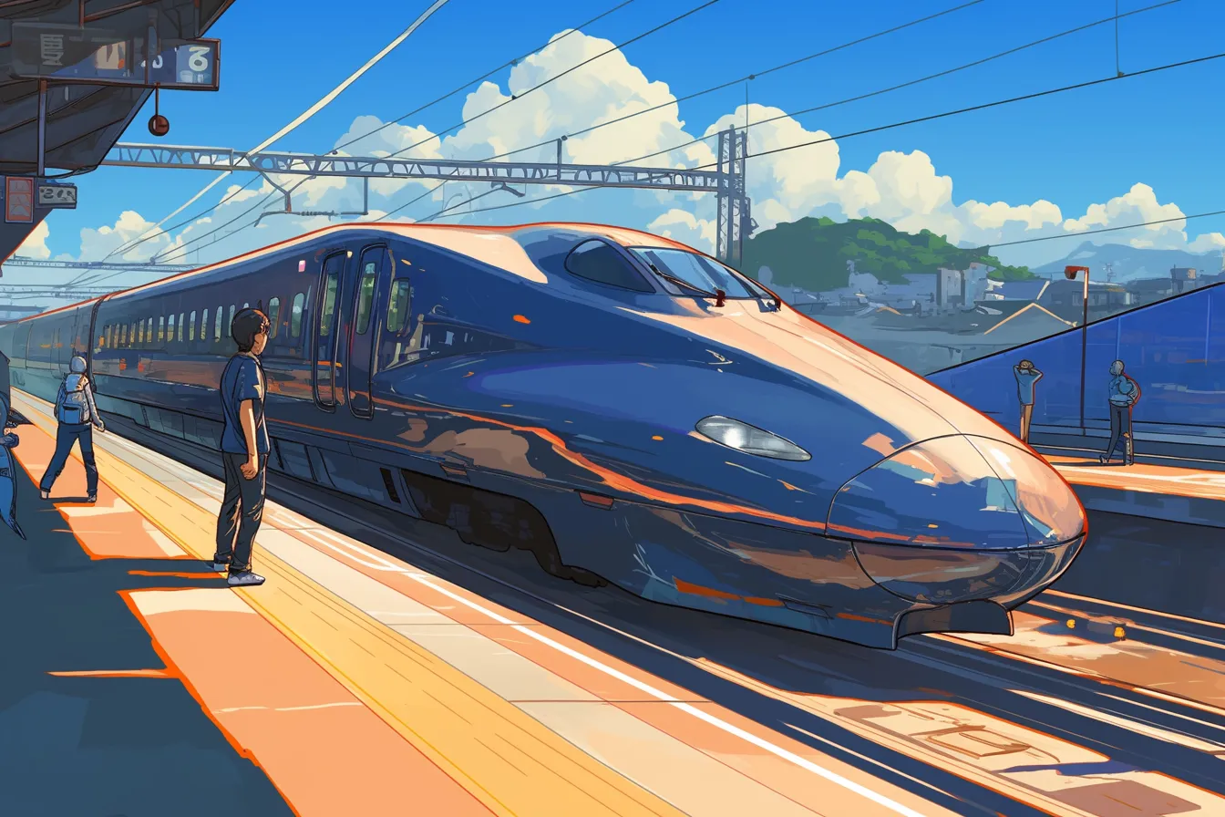 青い車体の新幹線の絵｜濃い青の車体が特徴的な新幹線をホームで描写。モダンで力強い印象を与えるデザイン。交通や先進性を表現する新幹線の絵としてビジネス利用に適する。