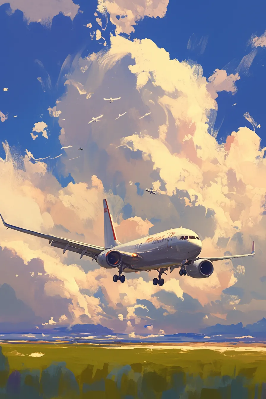 雲間を飛ぶ旅客飛行機の絵｜広大な空を背景に旅客機が力強く飛行する構図。柔らかな筆致で雲が描かれ、開放感と信頼感を演出。飛行機の絵を素材として旅行や航空関連の広告に活用しやすい。