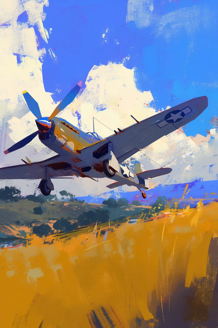 低空を飛ぶ戦闘飛行機の絵｜鮮やかな青空を背景に戦闘機が力強く飛ぶ場面。躍動感あるタッチで描かれ、力強さとスピード感を強調。飛行機の絵を用いた歴史や技術関連の素材に適する。