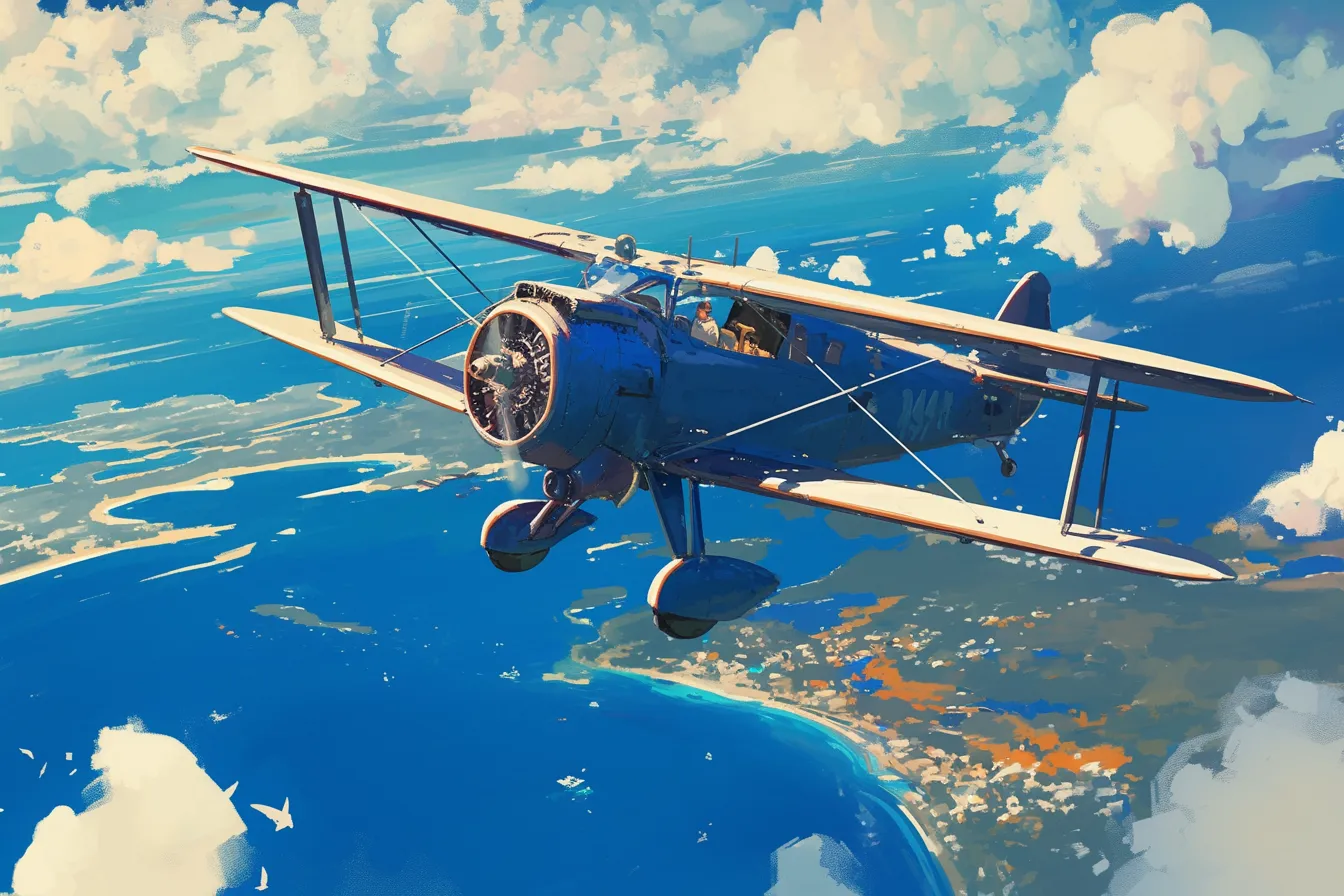 海上を飛行する複葉飛行機の絵｜青い海と空を背景に複葉機が飛行する場面。ノスタルジックで温かみのあるタッチが特徴。飛行機の絵を活用した旅情やクラシックな雰囲気の素材に最適。