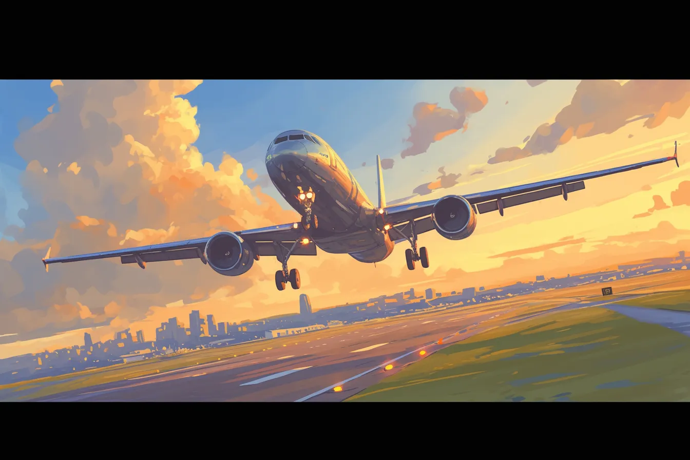 夕暮れに着陸する飛行機の絵｜都市の背景を背に夕焼け空の中で着陸する旅客機を描写。温かい色合いが安心感と旅の終わりを象徴。飛行機の絵を広告や観光の素材として活用しやすい。