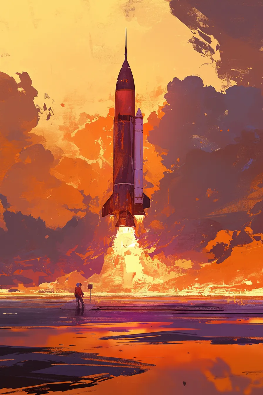 夕焼けに浮かぶ力強いロケットの絵｜鮮烈なオレンジと紫のコントラストで描かれたロケットの打ち上げシーン。ドラマチックな光と煙の表現が視覚的な迫力を与え、広告やビジネス資料において未来志向や挑戦を象徴する素材として活用可能なロケットの絵です。
