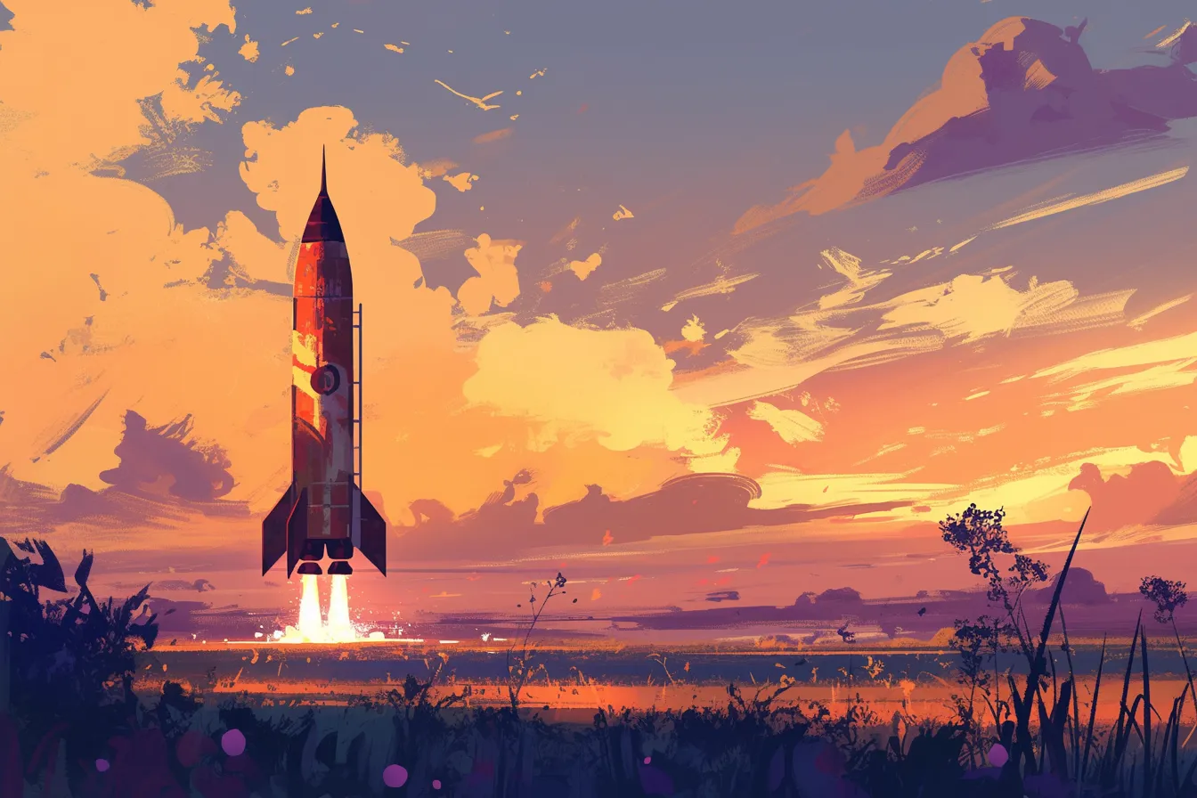 草原の向こうに飛び立つロケットの絵｜落ち着いた夕景の中、自然のシルエットとともに描かれたロケットの発射場面。穏やかな色彩で構成されており、成長や新たなスタートを表現する用途に適したビジネス写真素材のロケットの絵です。