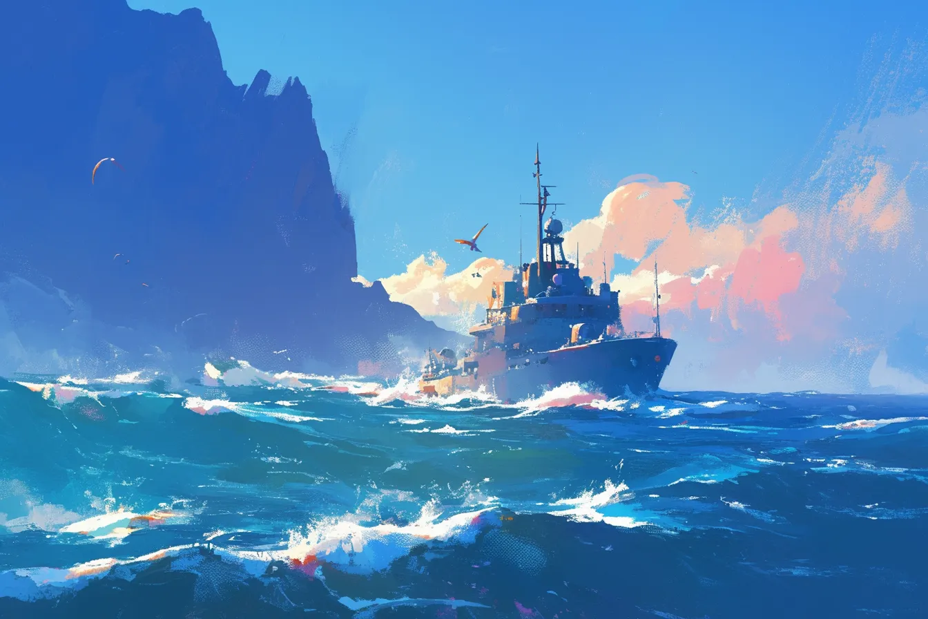 海原を行く近代的軍艦の船の絵｜雄大な海と鋭いフォルムの軍艦を描いた船の絵です。力強さと安定感を感じさせるデザインは、防衛関連やテクノロジー系のビジネス資料にも利用可能な写真素材として活用できます。