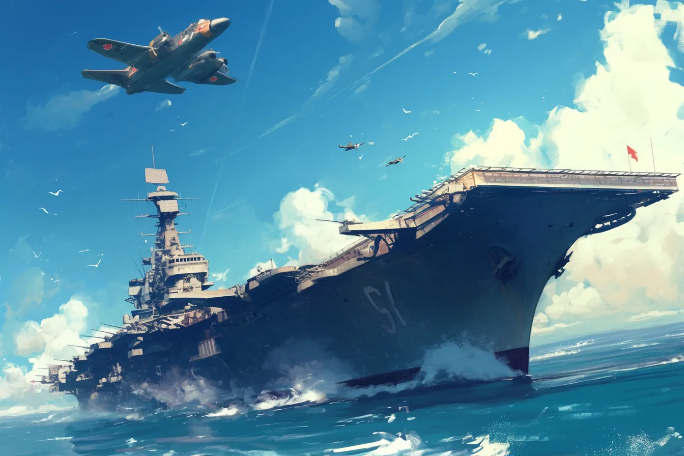 航空機と共演する空母の船の絵｜空母と飛行機が力強く描かれた壮大な船の絵です。近代的な構図と広がりのある青空が印象的で、国際的な規模感や先進性を表現するビジネス写真素材として効果的です。