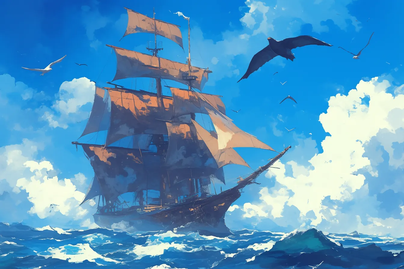 青空に映える古典帆船の船の絵｜青空の下を航行する古典的な帆船を描いた船の絵です。大きく張られた帆と飛び交う鳥たちが爽快感を演出し、企業の自由さや開放感を表現する写真素材として適しています。