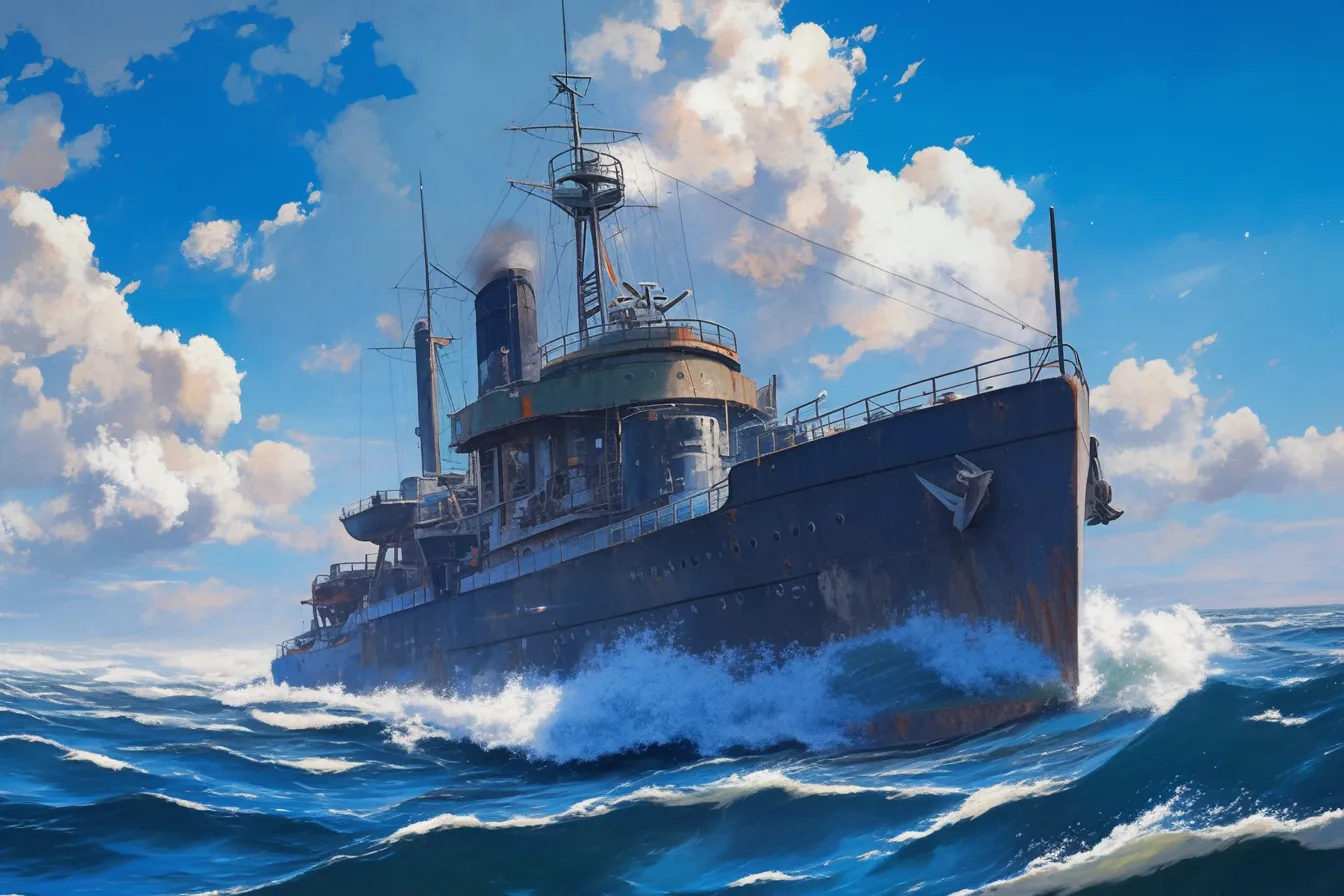 波を受ける重厚な軍艦の船の絵｜重量感のある軍艦が波間を進む姿を描いた船の絵です。迫力ある構図と海の描写が力強さを際立たせ、信頼感や堅牢さを強調するビジネス写真素材として有効に使えます。
