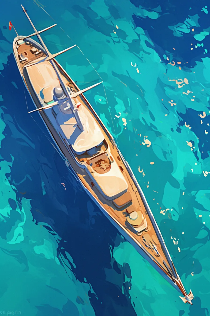 透明な海に浮かぶ豪華ヨットの絵｜透き通る海の青とヨットの白が美しく調和したヨットの絵です。俯瞰構図により全体像が際立ち、観光業や高級サービスのプロモーションに最適なビジネス写真素材となっています。