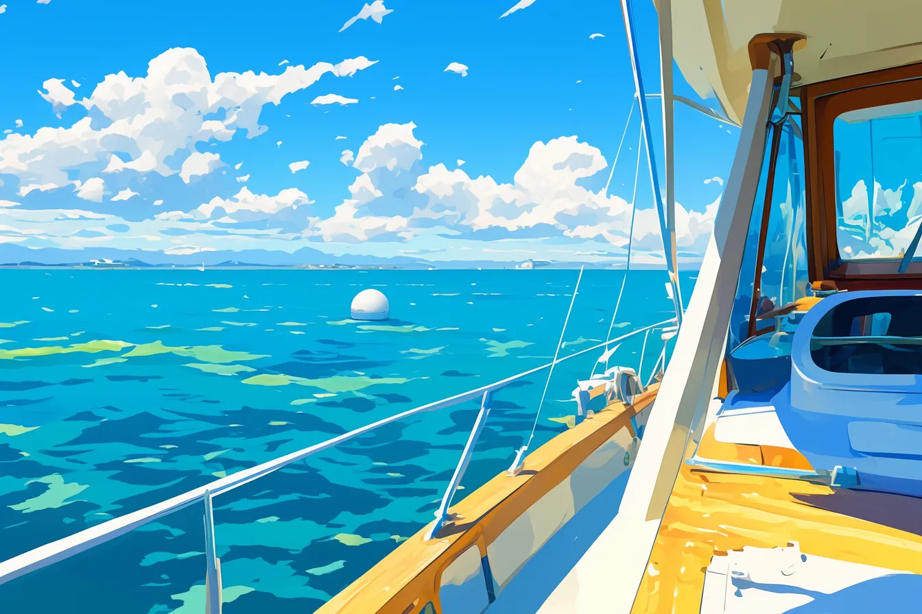 穏やかな海を望むデッキ視点のヨットの絵｜デッキ上から海原を見渡す視点で描かれたヨットの絵です。広がる水平線と爽やかな青が清涼感を与え、旅行やライフスタイル関連のビジネス写真素材に適した印象を持っています。