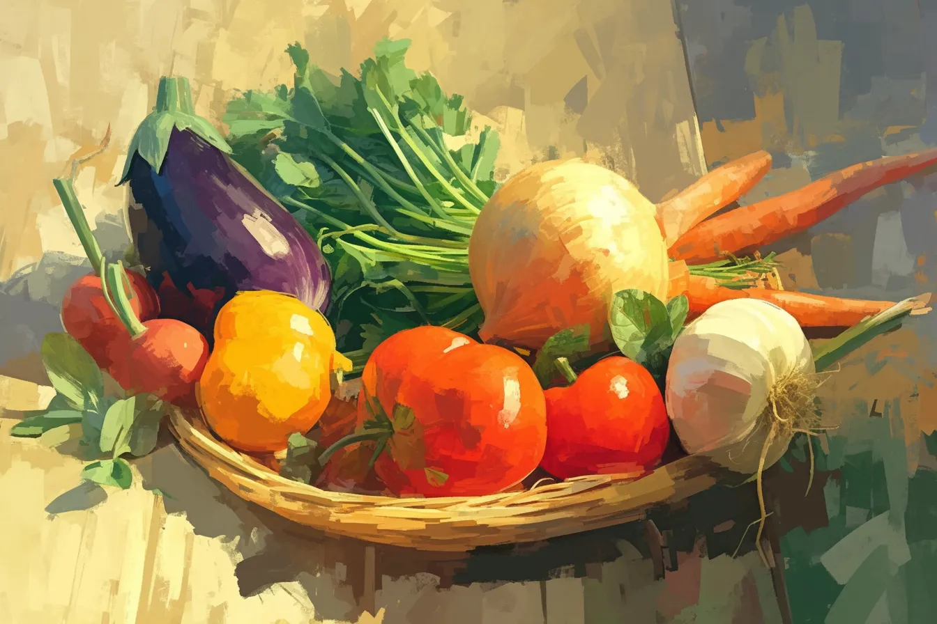 籠に盛られた新鮮な野菜の絵｜籠に彩り豊かな野菜が並ぶ様子を描いた野菜の絵です。温かみのある筆致で家庭的な雰囲気を演出し、食品関連の広告や健康志向のビジネス資料に適した写真素材です。