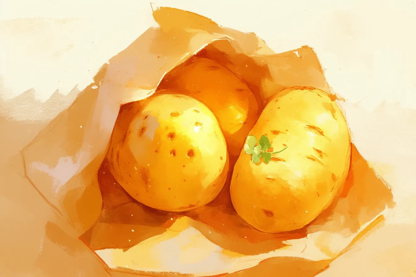 紙袋に入った新鮮なジャガイモの絵｜素朴な紙袋に収められたジャガイモを柔らかな色彩で描いたジャガイモの絵です。シンプルで温かみのある雰囲気が、食材や生活用品を扱うビジネス写真素材として活用できます。