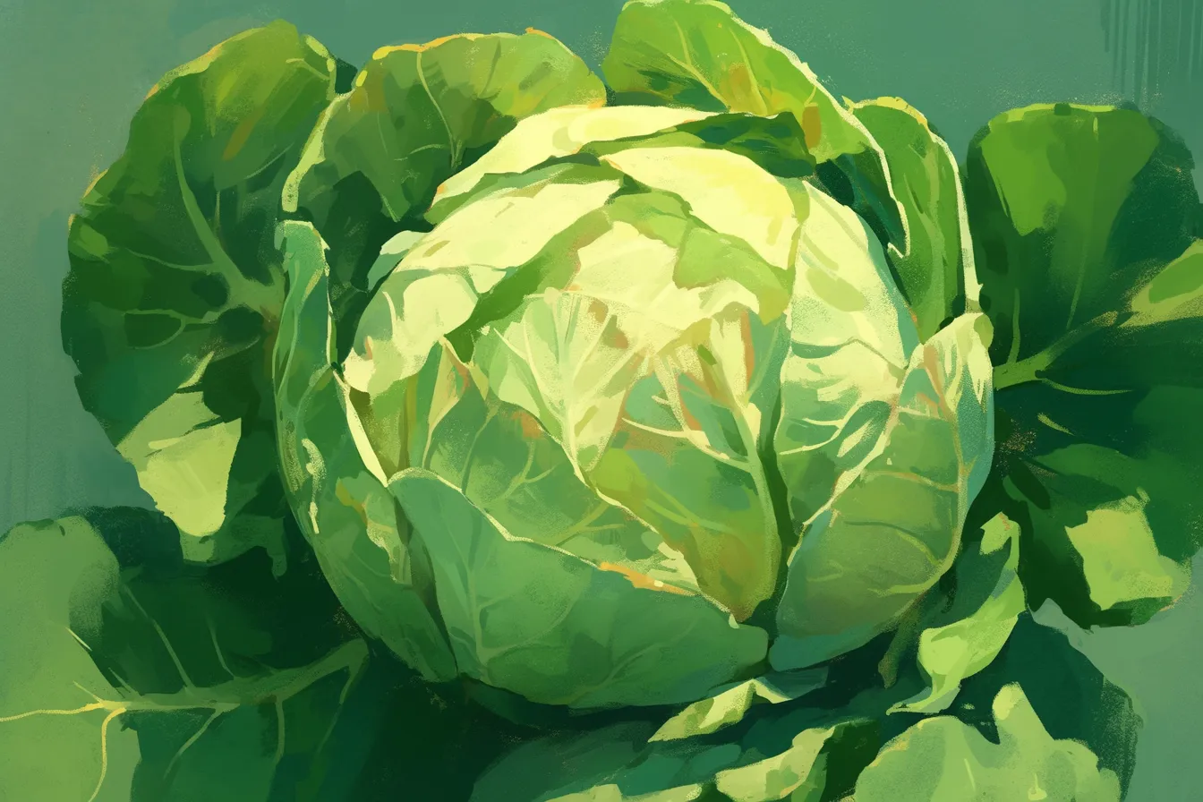 瑞々しい葉に包まれたキャベツの絵｜外葉がしっかりと広がり、重なり合う葉の質感が丁寧に描かれたキャベツの絵です。安心感のあるリアルな表現が特徴で、健康志向や食材プロモーションに使える写真素材です。