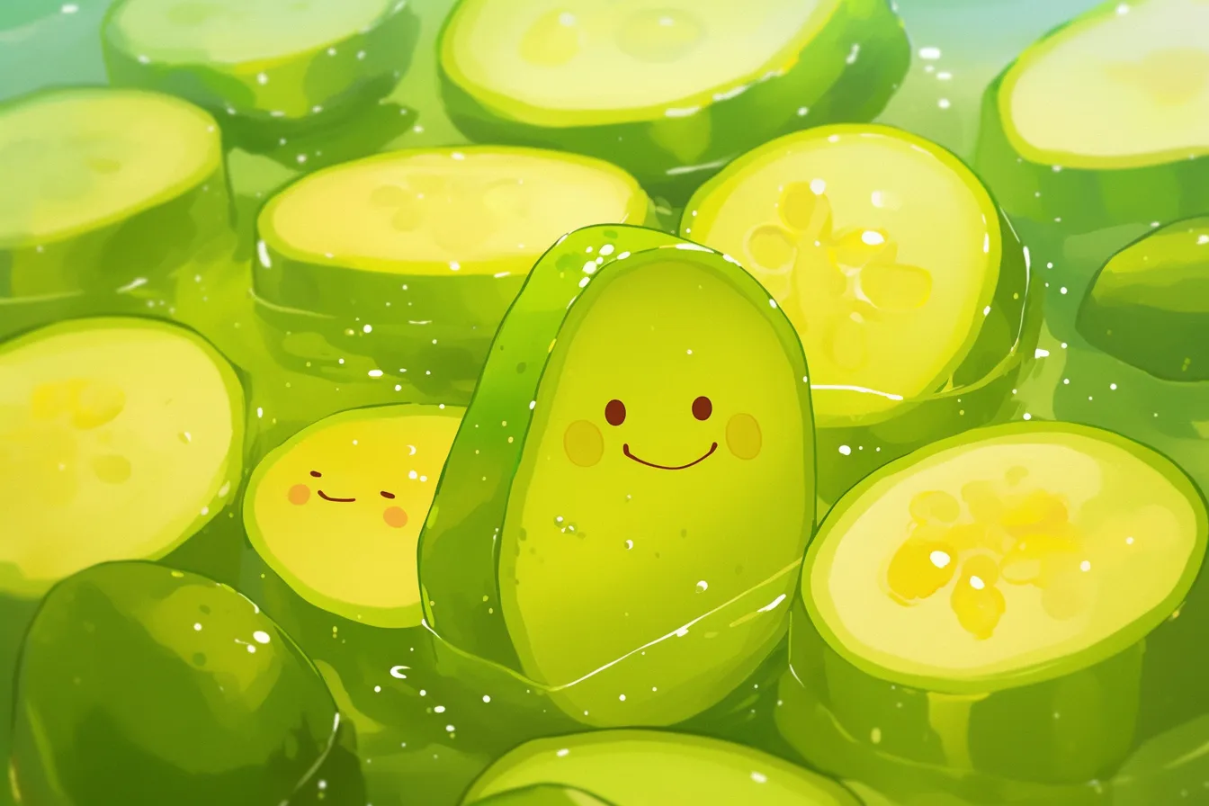 笑顔で親しみやすいきゅうりの絵｜スライスされたきゅうりに表情が描かれ、楽しげな雰囲気を表現したきゅうりの絵です。ポップでかわいらしいタッチが特徴で、親近感を演出するビジネス写真素材として活用できます。
